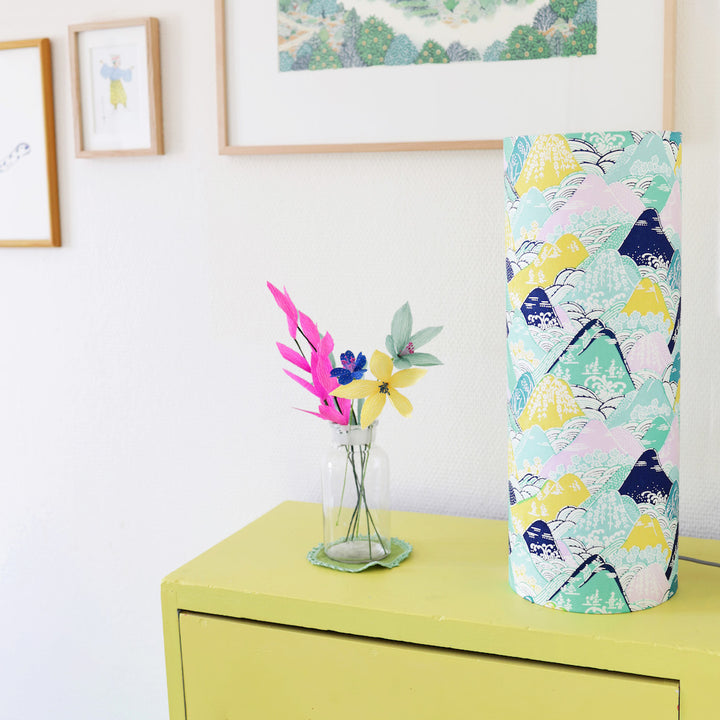 Lampe Japonaise à Poser - Montagnes et Rivières - Bleu, Vert, Jaune et Parme  - M967