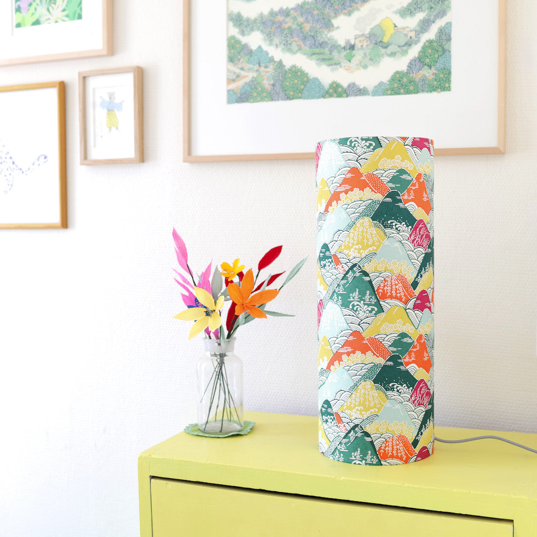 Lampe Japonaise à Poser - Montagnes et Rivières - Vert, Orange, Mauve et Jaune  - M965