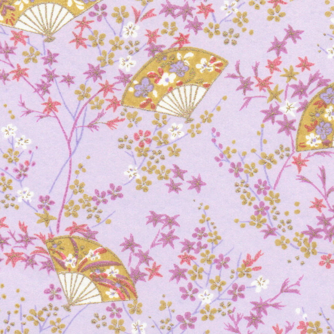 carré de 10cm par 10cm de papier japonais yuzen chiyogami aux motifs « 4 saisons » dans les tons lilas, mauve, roses, jaune moutarde et dorés adeline klam (M1035)