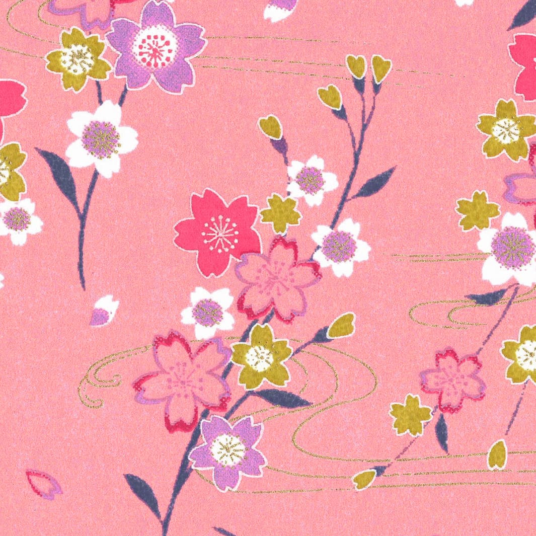 carré de 10cm par 10cm de papier japonais yuzen chiyogami aux motifs de branches de cerisier et d'ondulation dans les tons rose moyen, violet mauve et jaune moutarde adeline klam (M1059)