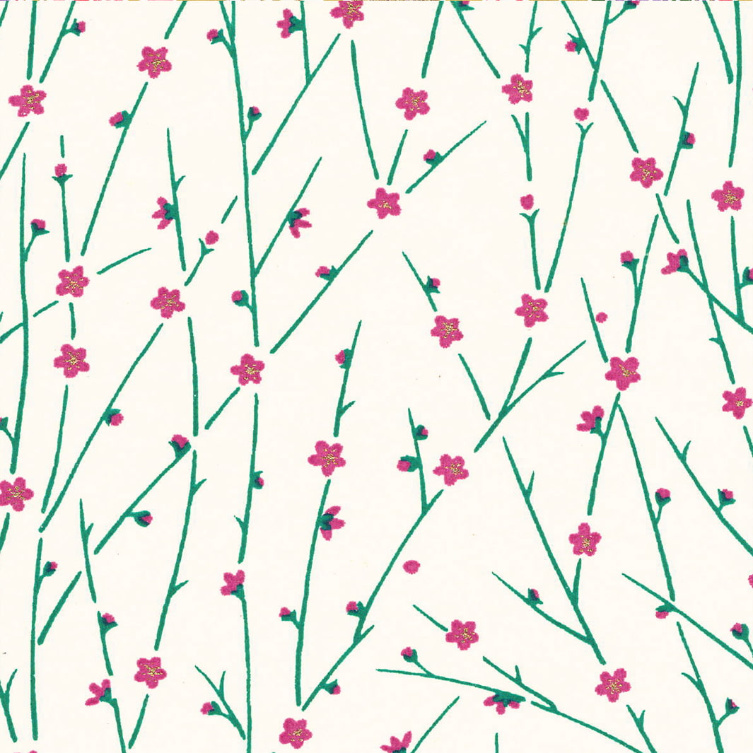 carré de 10cm par 10cm de papier japonais yuzen chiyogami aux motifs de fines branches en fleurs dans tons blanc crème, magenta et vert menthe adeline klam (M1047)
