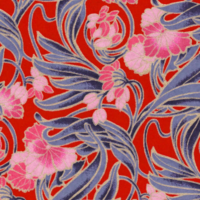 carré de 10cm par 10cm de papier japonais yuzen chiyogami aux motifs de fleurs « art nouveau » dans les tons rouges, roses et bleu foncé adeline klam (M1013)