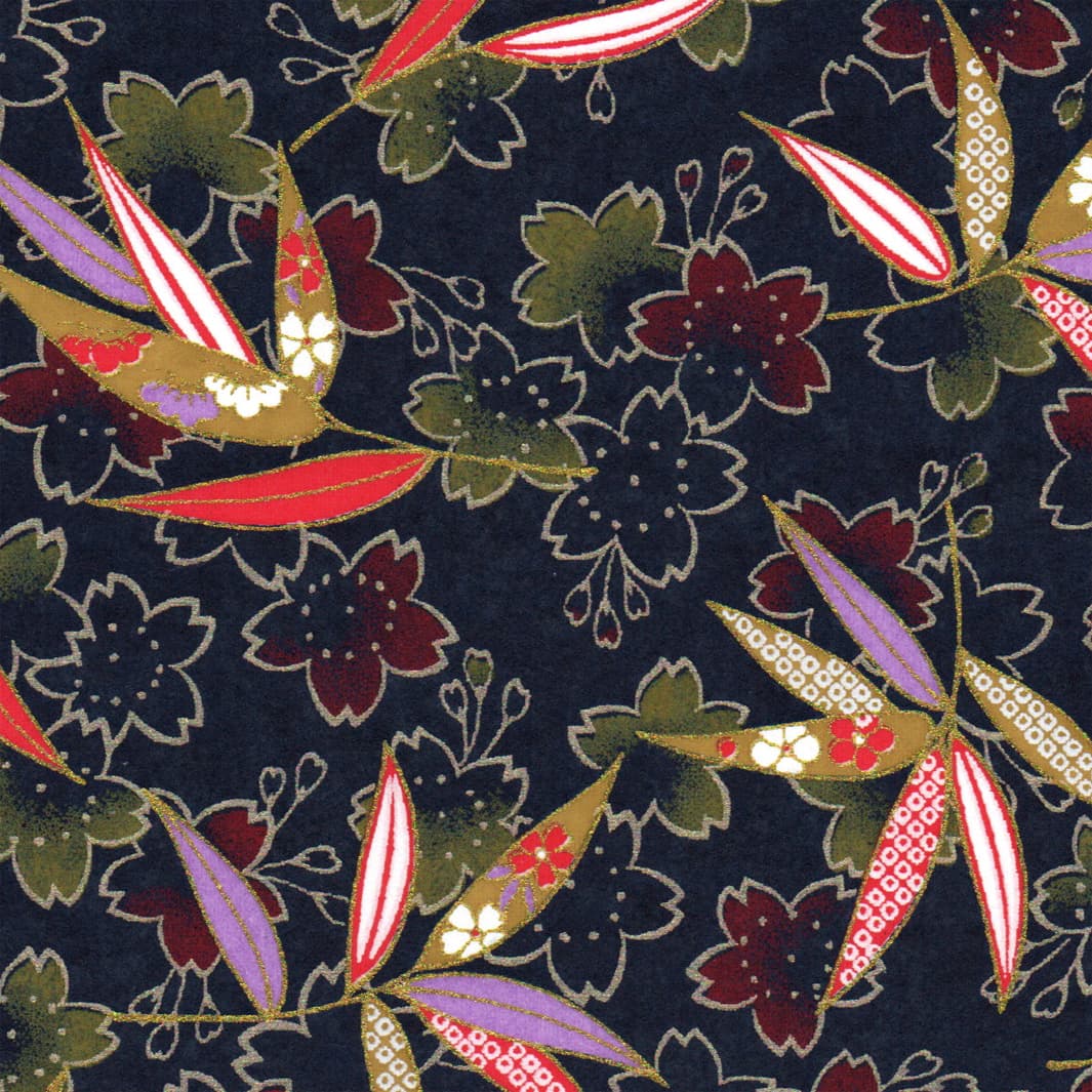 carré de 10cm par 10cm de papier japonais yuzen chiyogami aux de fleurs de cerisier et de feuilles de bambou dans les tons bleu marine, jaune moutarde, rouges, mauve et dorés adeline klam (M1029)