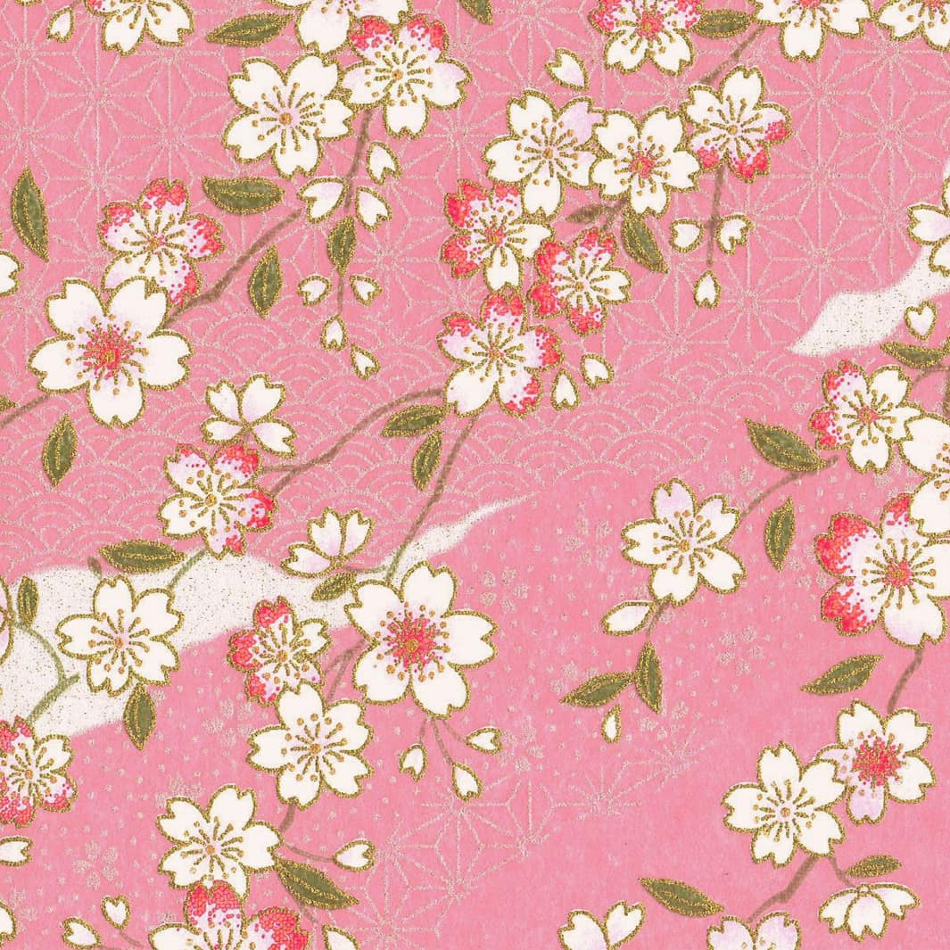 carré de 10cm par 10cm de papier japonais yuzen chiyogami aux motifs de fleurs de cerisier et de motifs graphiques variés dans les tons roses adeline klam (M1060)