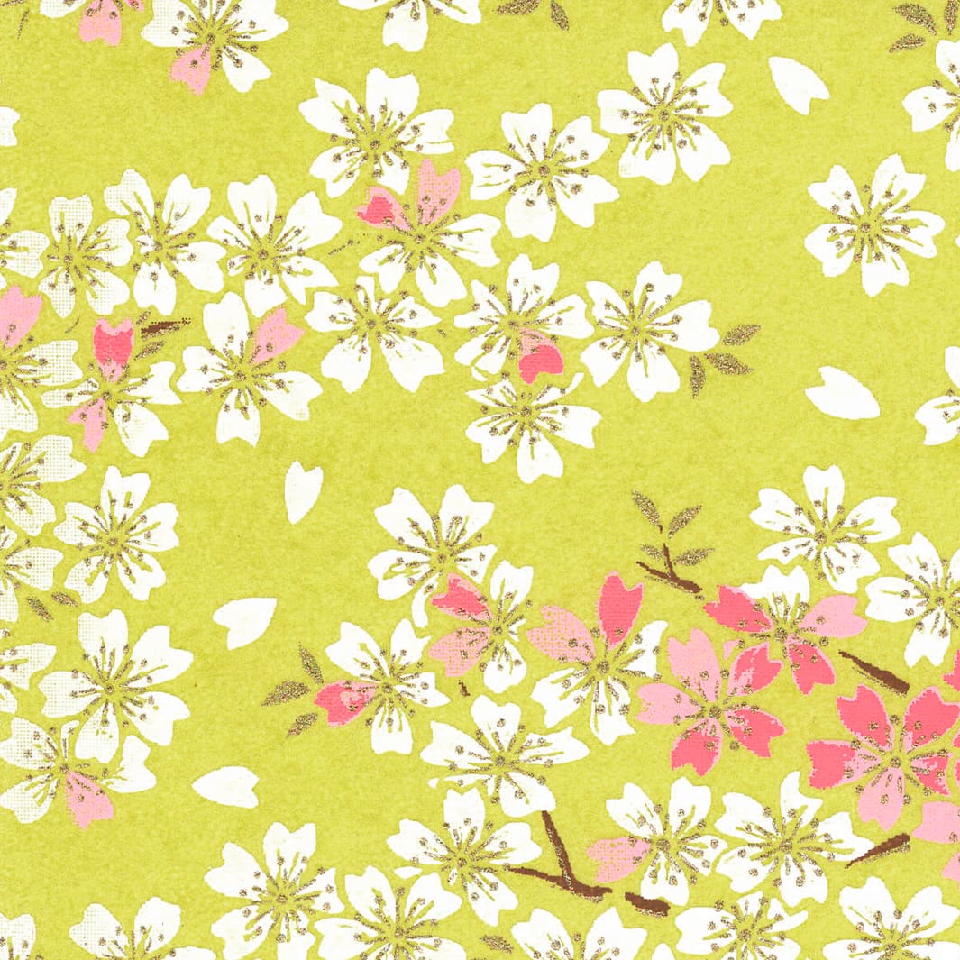 carré de 10cm par 10cm de papier japonais yuzen chiyogami au motif de fleurs de cerisier dans les tons vert acidulé, rose clair, rose moyen et blancs adeline klam (M1058)
