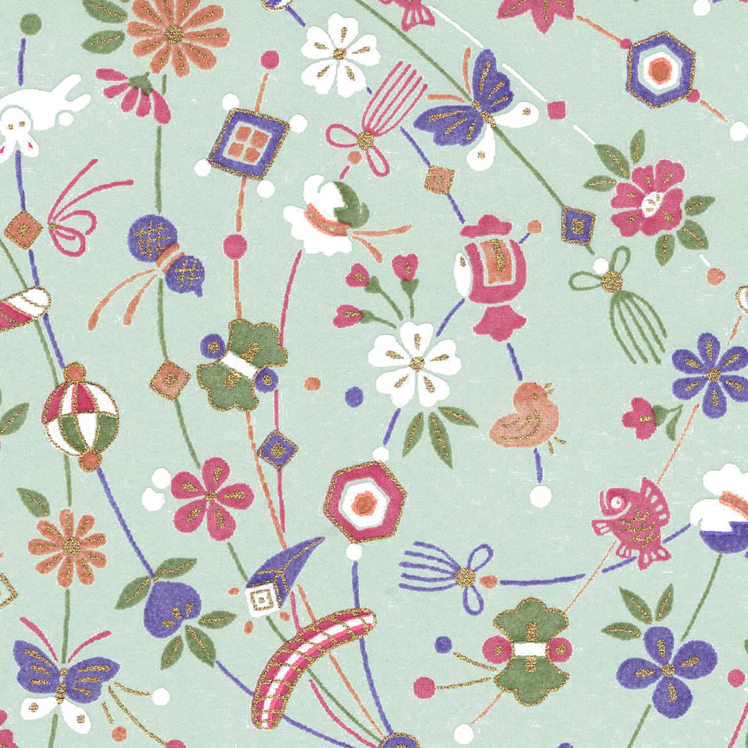carré de 10cm par 10cm de papier japonais yuzen chiyogami au motif de jouets japonais dans les tons vert de gris, bronzes, violets, verts et lie de vin adeline klam (M1068) 