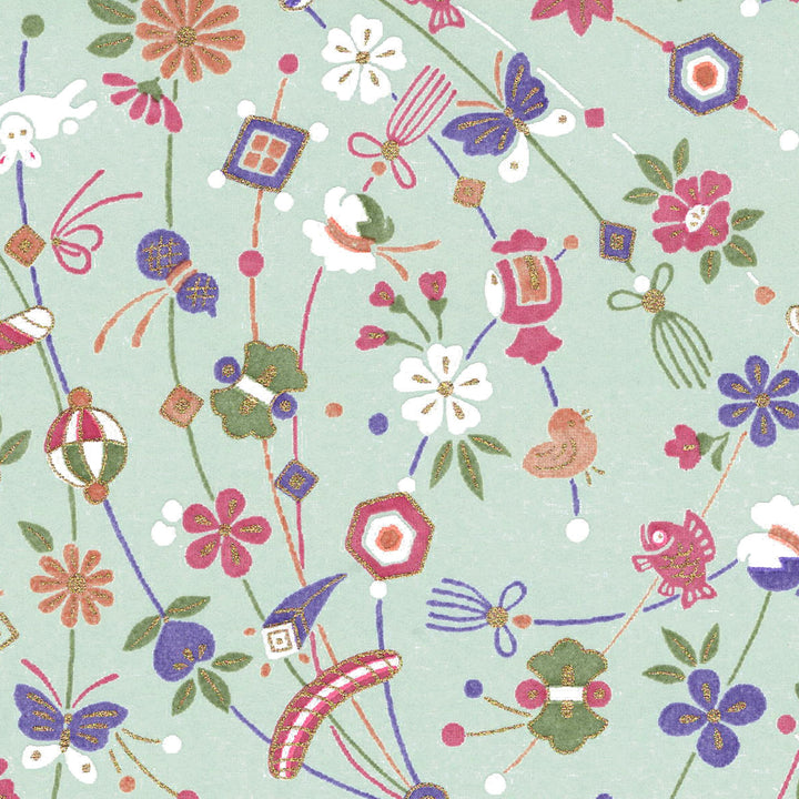 carré de 10cm par 10cm de papier japonais yuzen chiyogami au motif de jouets japonais dans les tons vert de gris, bronzes, violets, verts et lie de vin adeline klam (M1068) 