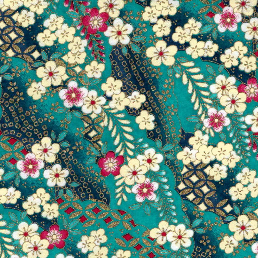 carré de 10cm par 10cm de papier japonais yuzen chiyogami aux motifs de fleurs de prunier et nuages à motifs bleu turquoise, jaune pâle, rose fuchsia et dorés adeline klam (M1031)