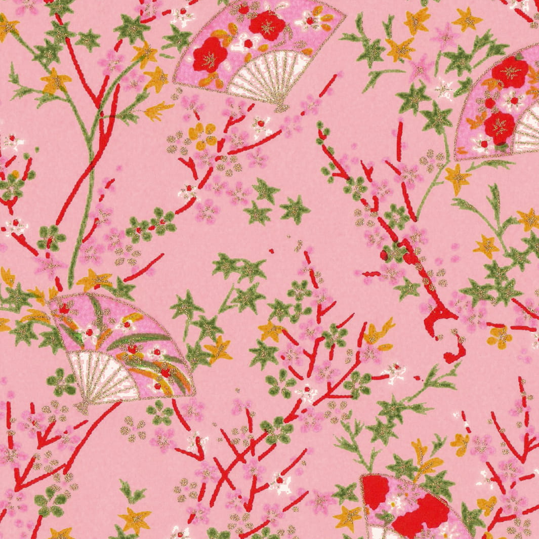 carré de 10cm par 10cm de papier japonais yuzen chiyogami aux motifs « 4 saisons » dans les tons roses, rouges, verts et jaunes adeline klam (M1055)