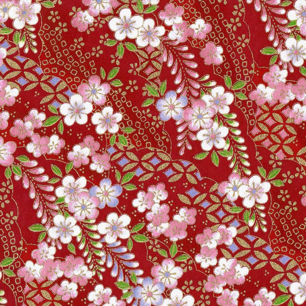 carré de 10cm par 10cm de papier japonais yuzen chiyogami aux motifs de fleurs de prunier et nuages à motifs rouge carmin, rose moyen, violet lilas et vert feuille adeline klam (M1054)