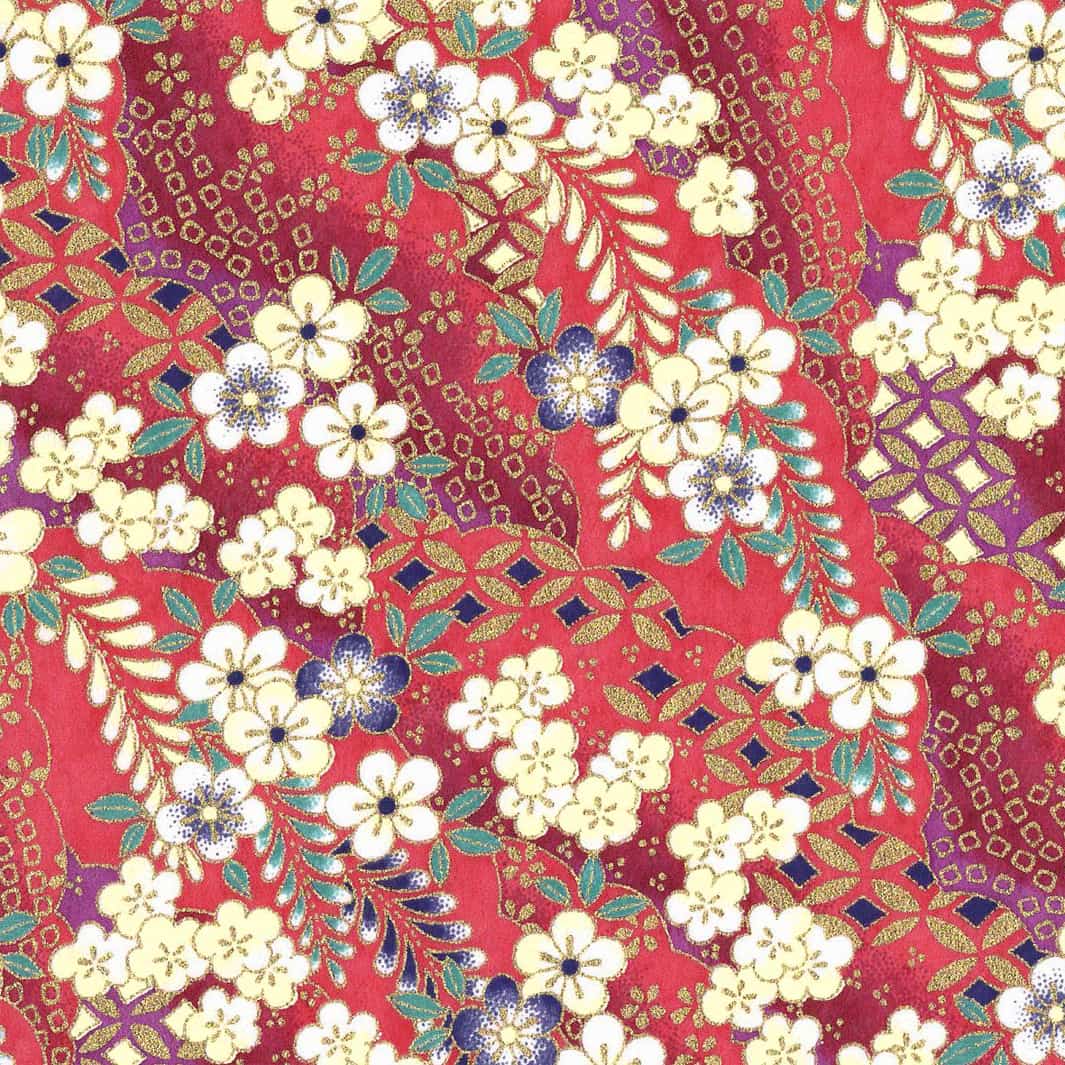 carré de 10cm par 10cm de papier japonais yuzen chiyogami aux motifs de fleurs de prunier et nuages à motifs rouge cerisier, bleu nuit, bleu canard et jaune pâle adeline klam (M1052)