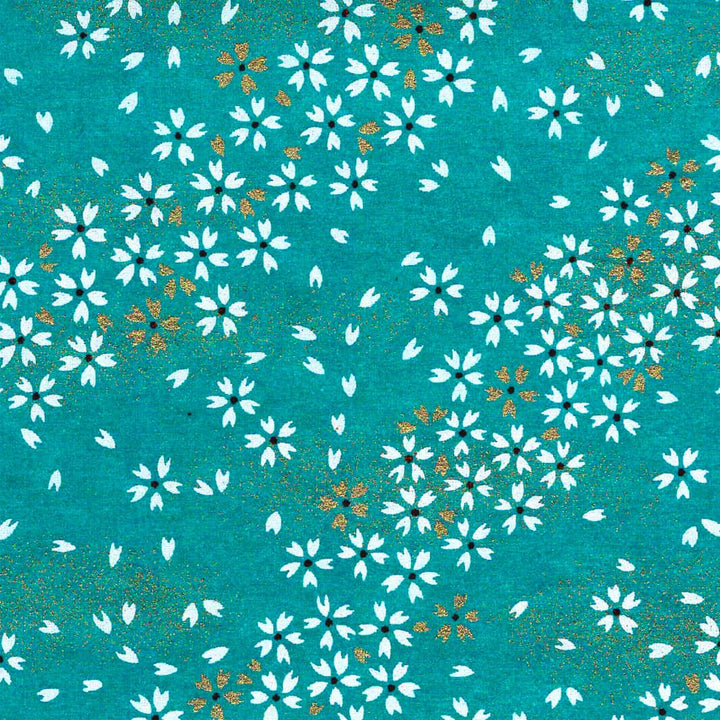 carré de 10cm par 10cm de papier japonais yuzen chiyogami aux motifs de fleurs au vent blanche sur fond bleu canard clair adeline klam (M668)