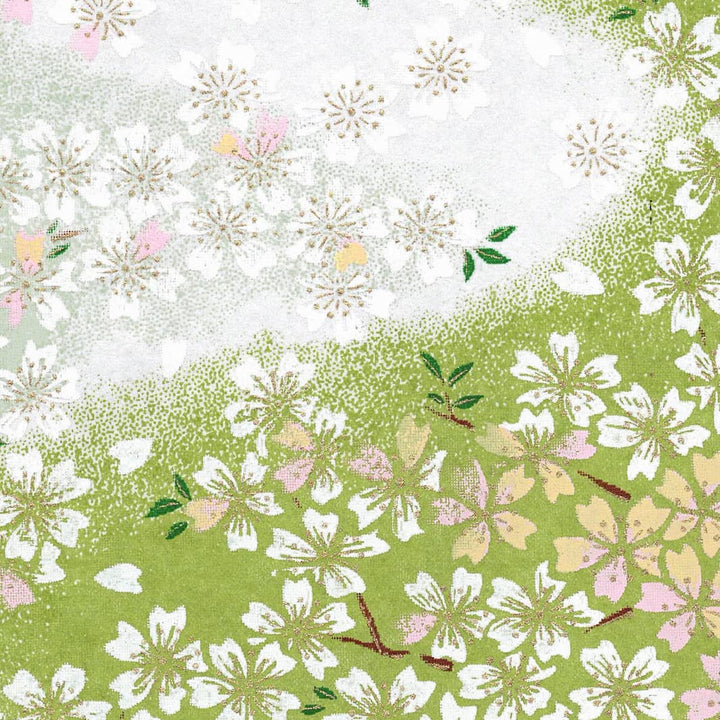 carré de 10cm par 10cm de papier japonais yuzen chiyogami au motif de nuée de fleurs de cerisier dans les tons vert feuile, blancs, rose et orange pâle adeline klam (M1061)