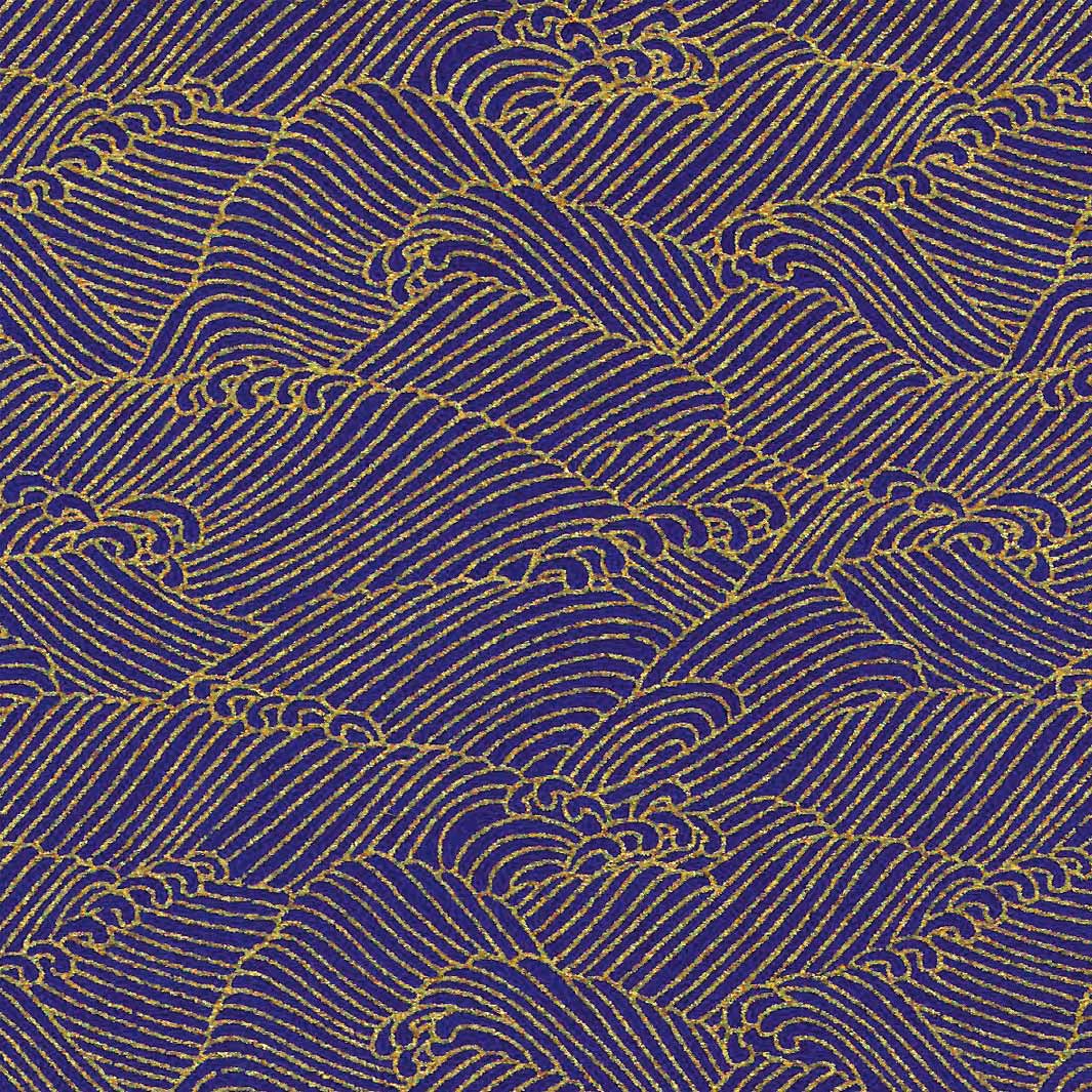 carré de 10cm par 10cm de papier japonais yuzen chiyogami aux motifs de vagues houleuses « océan » dans les bleu nuit et dorés adeline klam (M647)