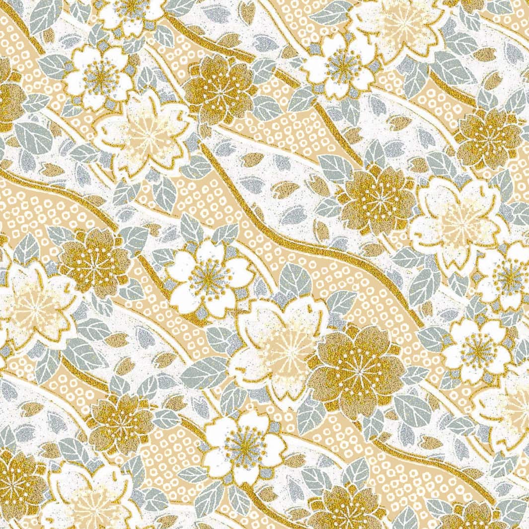 carré de 10cm par 10cm de papier japonais yuzen chiyogami aux motifs d'ondulations fleuries de cerisier et de petits losanges kanoko dans les tons dorés, argentés et blancs adeline klam (M1049)
