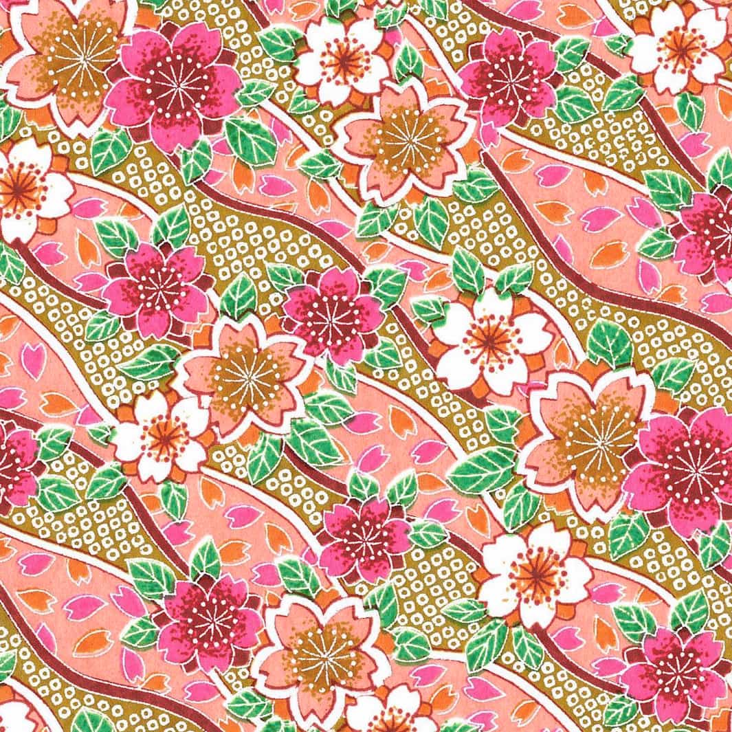 carré de 10cm par 10cm de papier japonais yuzen chiyogami aux motifs d'ondulations fleuries de cerisier et de petits losanges kanoko dans les tons rose fuchsia, corail, verts et jaune moutarde adeline klam (M1051)