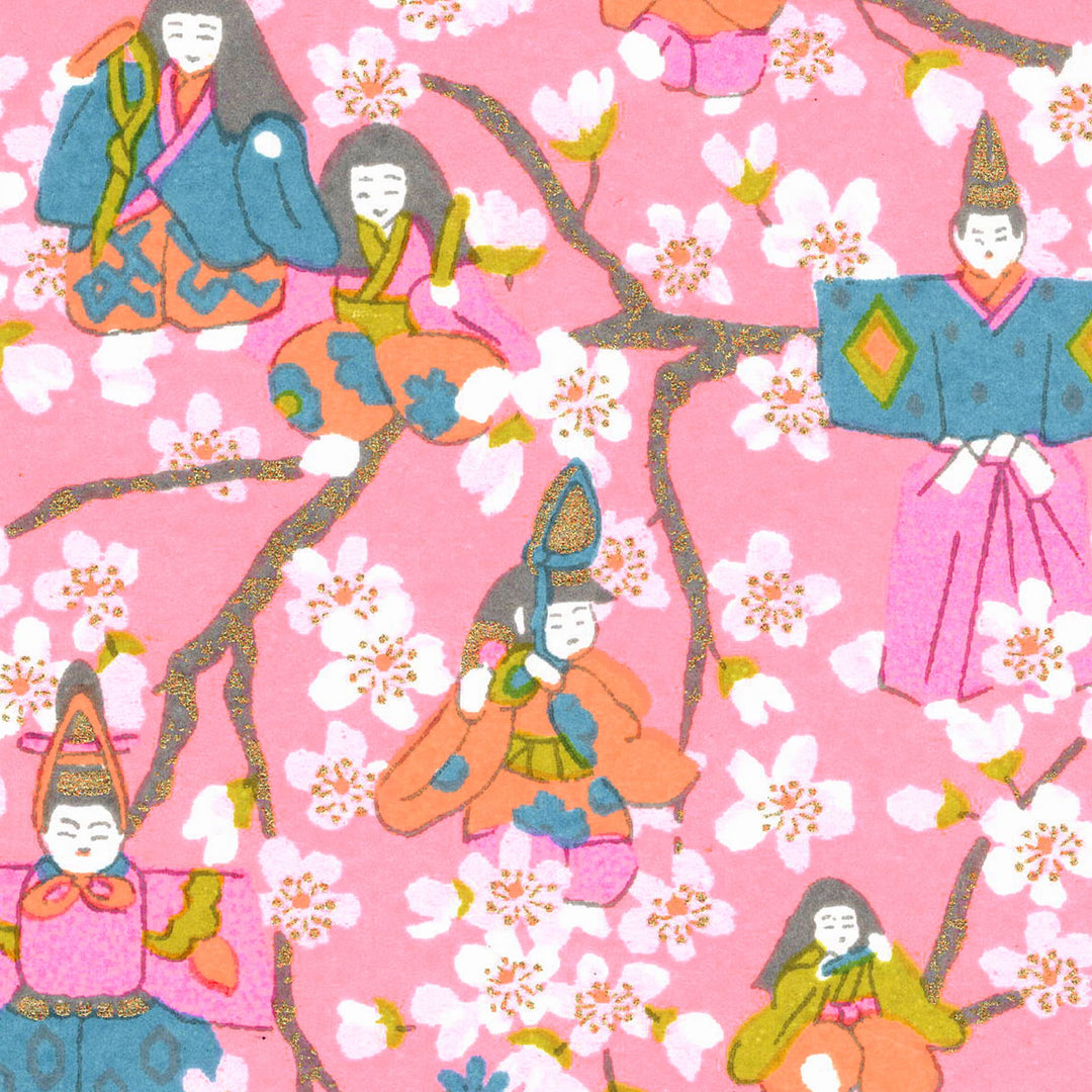 carré de 10cm par 10cm de papier japonais yuzen chiyogami aux motifs de poupées d'hina matsuri et de fleurs de pêcher dans les rose clair et moyen, corail, bleu gris et vert jaune adeline klam (M1065)