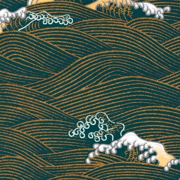 carré de 10cm par 10cm de papier japonais yuzen chiyogami aux motifs de vagues et d'écumes bleu canard, beige et doré adeline klam (M941)