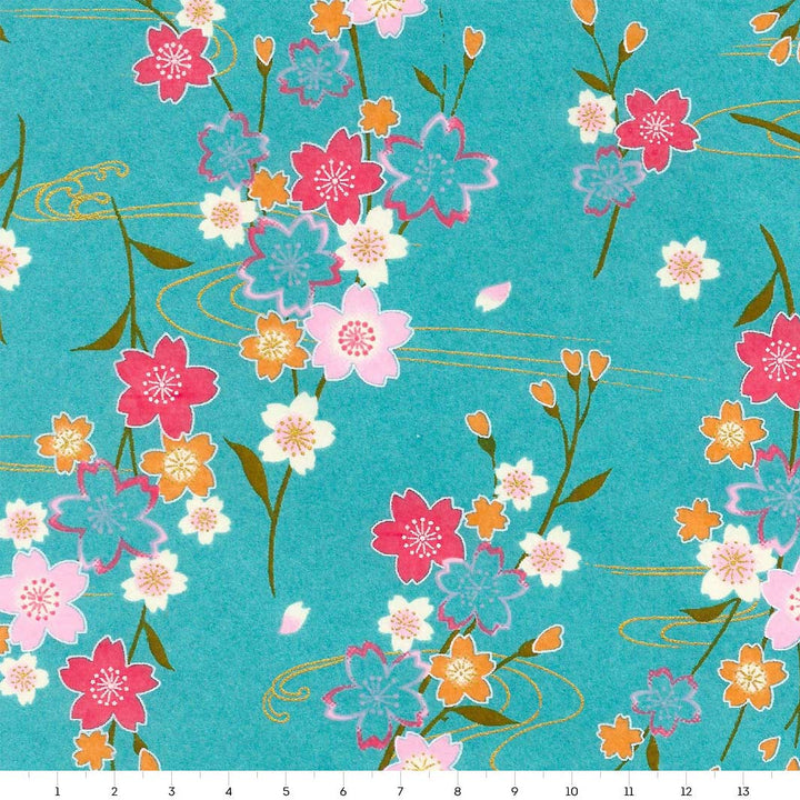 carré de 14cm par 14cm de papier japonais yuzen chiyogami aux motifs de branches de cerisier et d'ondulation dans les tons bleu turquoise, rose fuchsia, jaune orange et dorés adeline klam (M380)