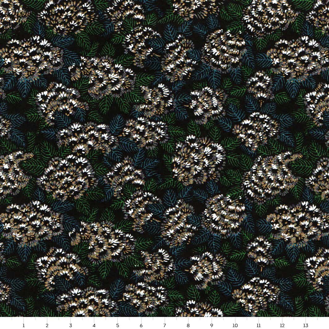 carré de 14cm par 14cm de papier japonais yuzen chiyogami aux motifs de chrysanthèmes ajania dans les tons noirs, bleus, verts, dorés et argentés adeline klam (M1041)