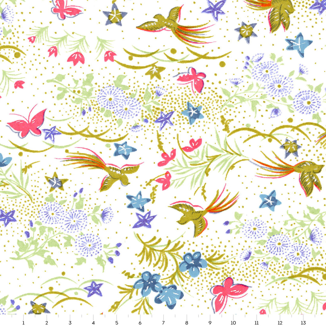 carré de 14cm par 14cm de papier japonais yuzen chiyogami aux motifs de fleurs, d'oiseaux et de papillons dans les tons blanc, rose fluo, bleu mauve et verts adeline klam (M1067)