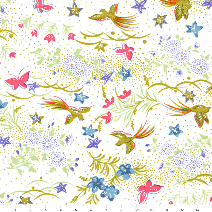 carré de 14cm par 14cm de papier japonais yuzen chiyogami aux motifs de fleurs, d'oiseaux et de papillons dans les tons blanc, rose fluo, bleu mauve et verts adeline klam (M1067)