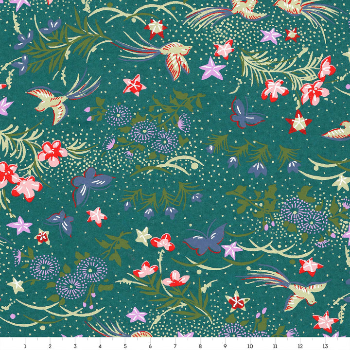 carré de 14cm par 14cm de papier japonais yuzen chiyogami aux motifs de fleurs, d'oiseaux et de papillons dans les bleu canard, violets, vert clair et foncé, jaune pâle adeline klam (M1066)