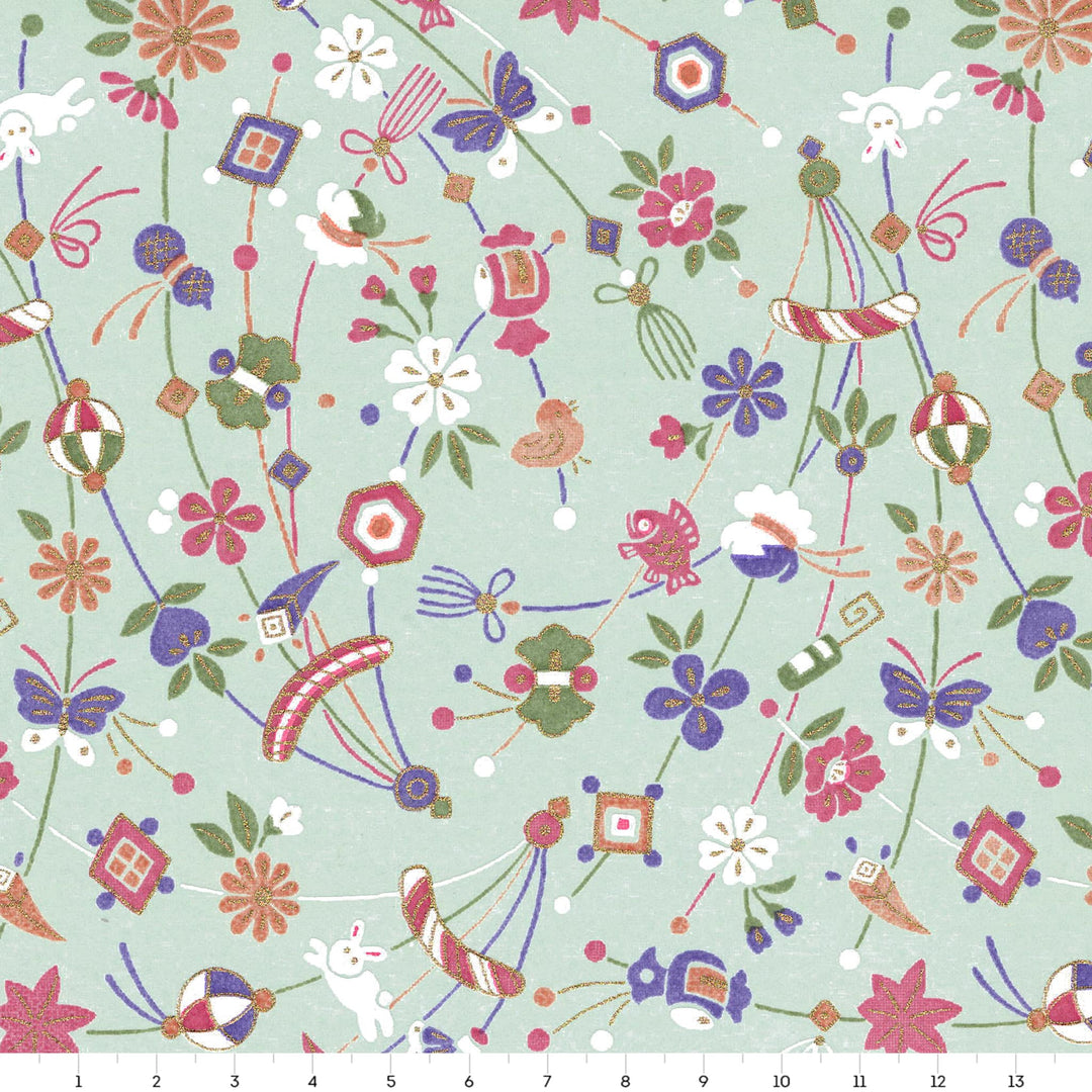 carré de 10cm par 10cm de papier japonais yuzen chiyogami au motif de jouets japonais dans les tons vert de gris, bronzes, violets, verts et lie de vin adeline klam (M1068) 