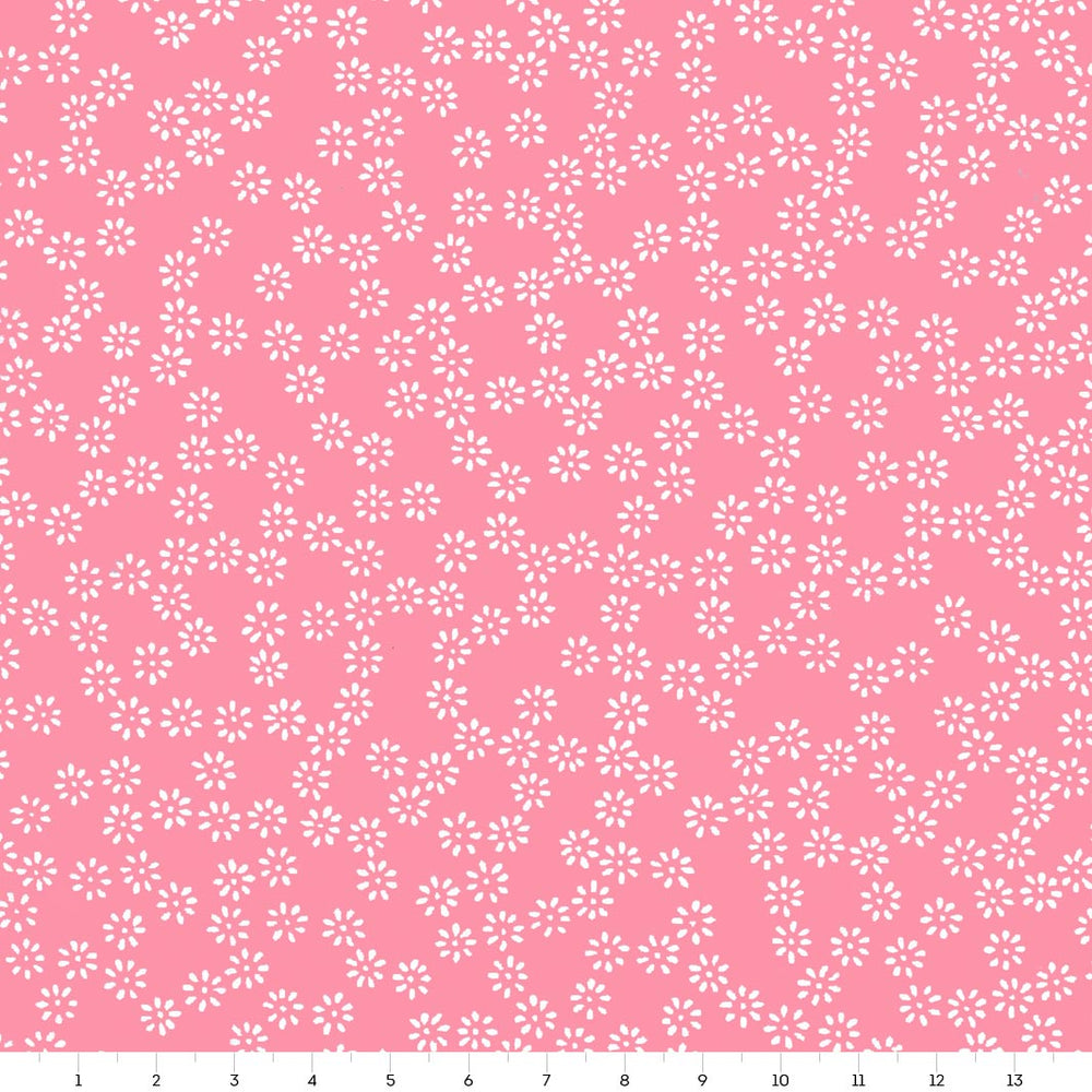carré de 14cm par 14cm de papier japonais yuzen chiyogami aux motifs de semi de fleurs blanches sur fond rose bonbon adeline klam (M533)