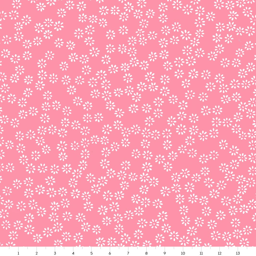 carré de 14cm par 14cm de papier japonais yuzen chiyogami aux motifs de semi de fleurs blanches sur fond rose bonbon adeline klam (M533)