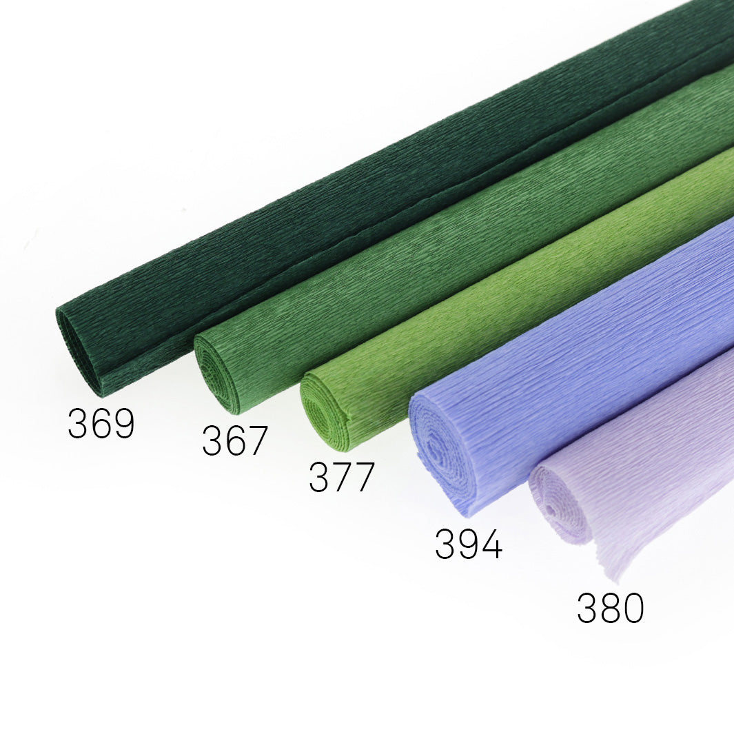 5 rouleaux de papiers crépon fins dans différents tons de violets, bleus et verts (369, 367, 377, 394 et 380)5 rouleaux de papiers crépon fins dans différents tons de violets, bleus et verts (369, 367, 377, 394 et 380)
