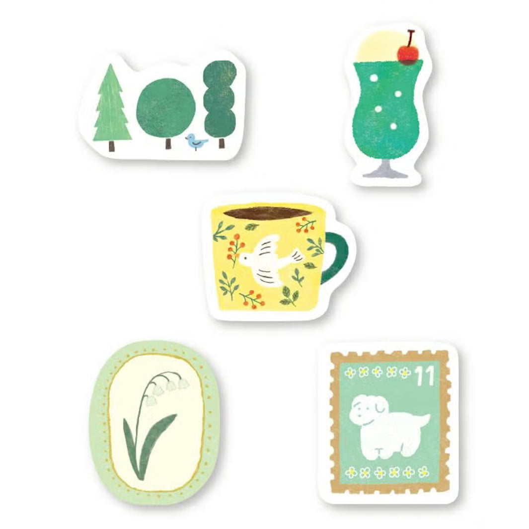 image packshot des 5 modèles de stickers du lot de 20 stickers au thème dans les tons verts de furukawashiko 