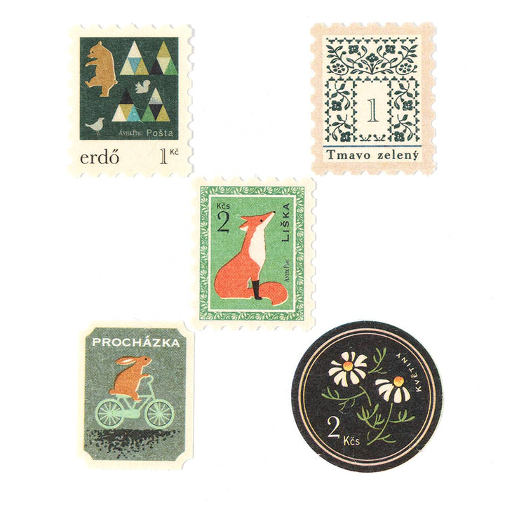 photo packshot des 5 modèles de timbres du lot de 20 stickers en forme de timbres vintages verts de nb bo., ltd. japan