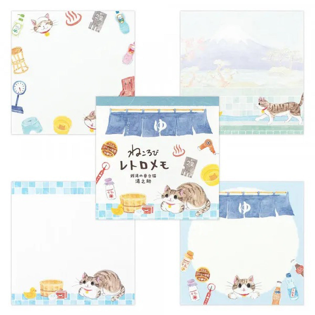 photo packshot du détail des 4 motifs du bloc-notes de 80 feuilles « chat et bains publics » pour NB Co., Ltd. Japan