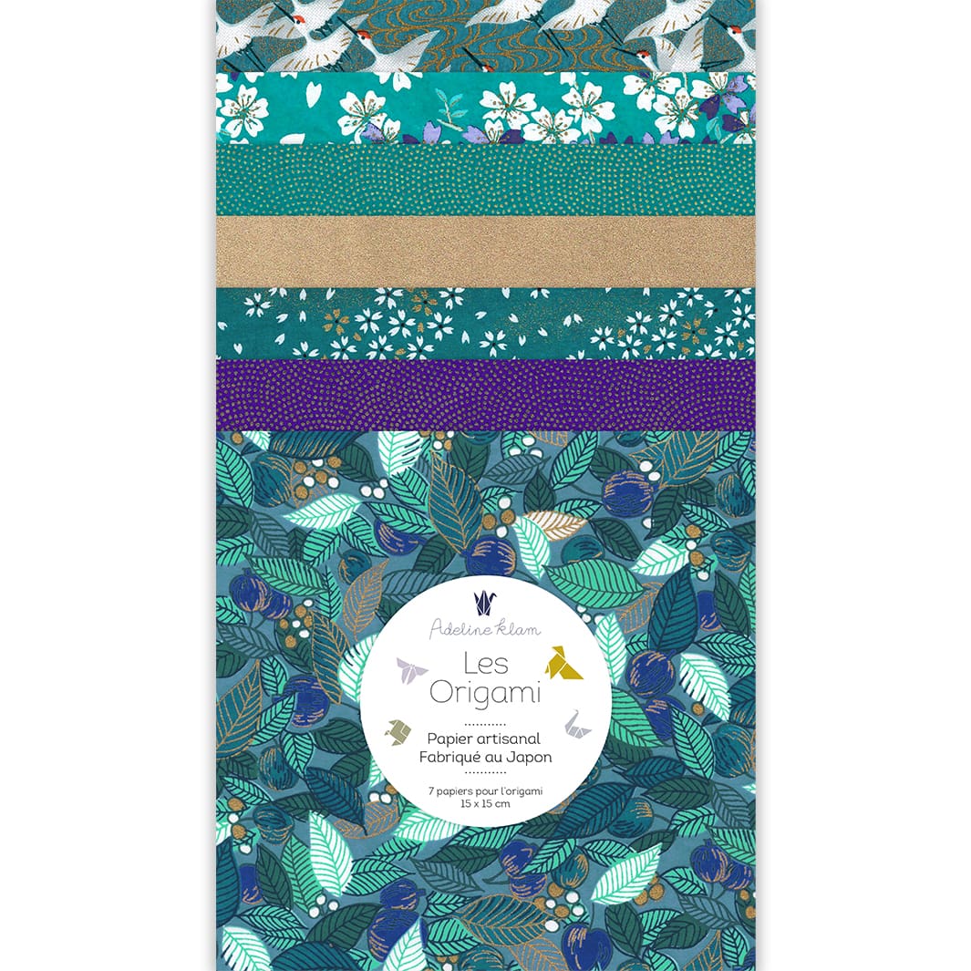 image packshot du set de 7 carrés de papiers japonais adeline klam de 15cm par 15cm dans les tons bleu canard, vert d'eau et bleu nuit « songe » (Z15) adeline klam (juin 2026)