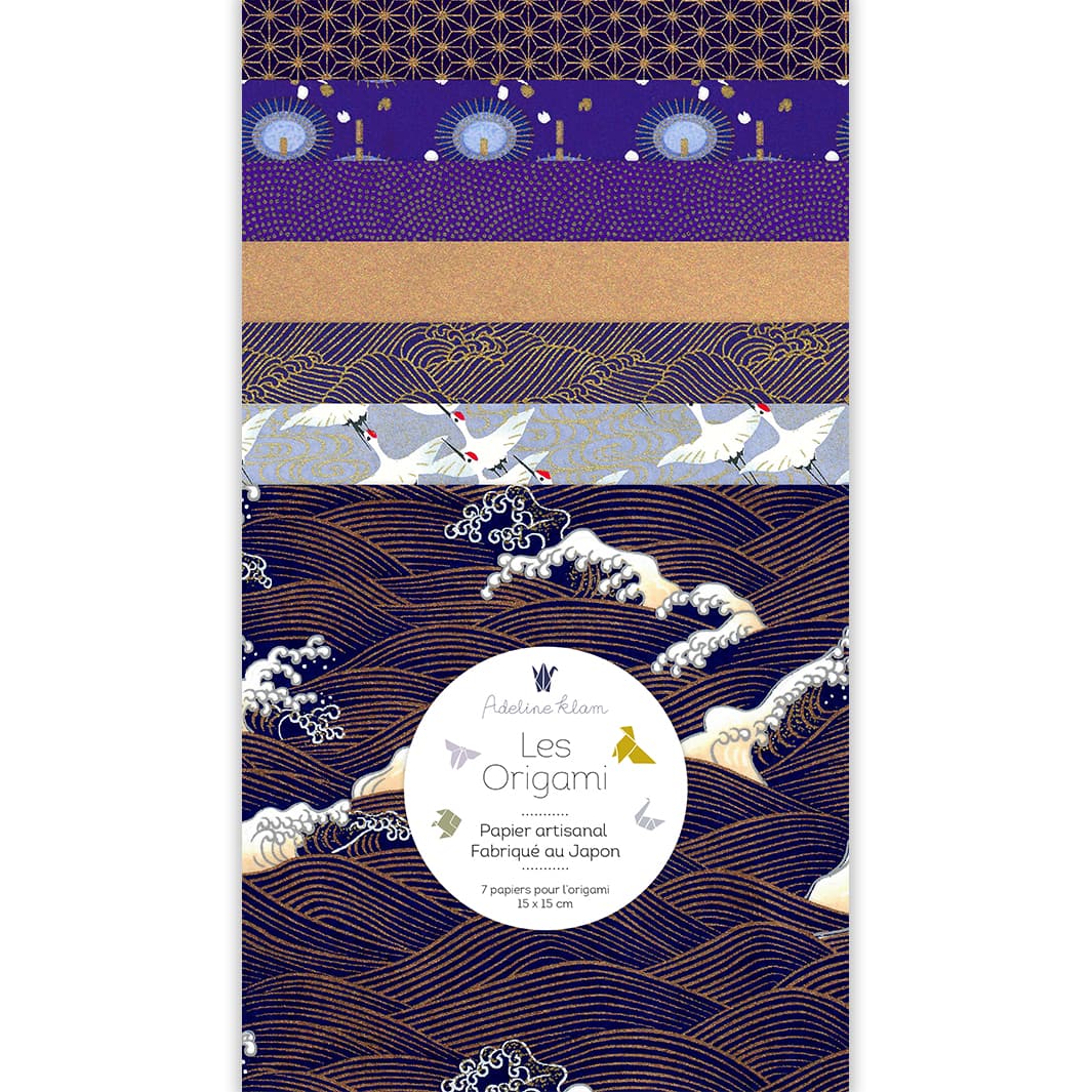 image packshot du set de 7 carrés de papiers japonais adeline klam de 15cm par 15cm dans les tons bleu nuit, violets et dorés « hokusai » (X2) adeline klam (juin 2026)