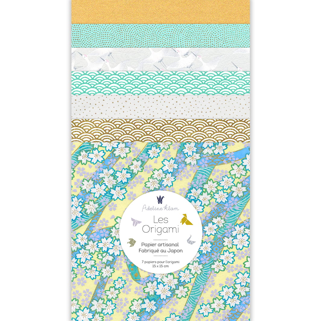 image packshot du set de 7 carrés de papiers japonais adeline klam de 15cm par 15cm dans les tons jaune clair, vert d'eau, gris perle et dorés « brise » (U8) adeline klam
