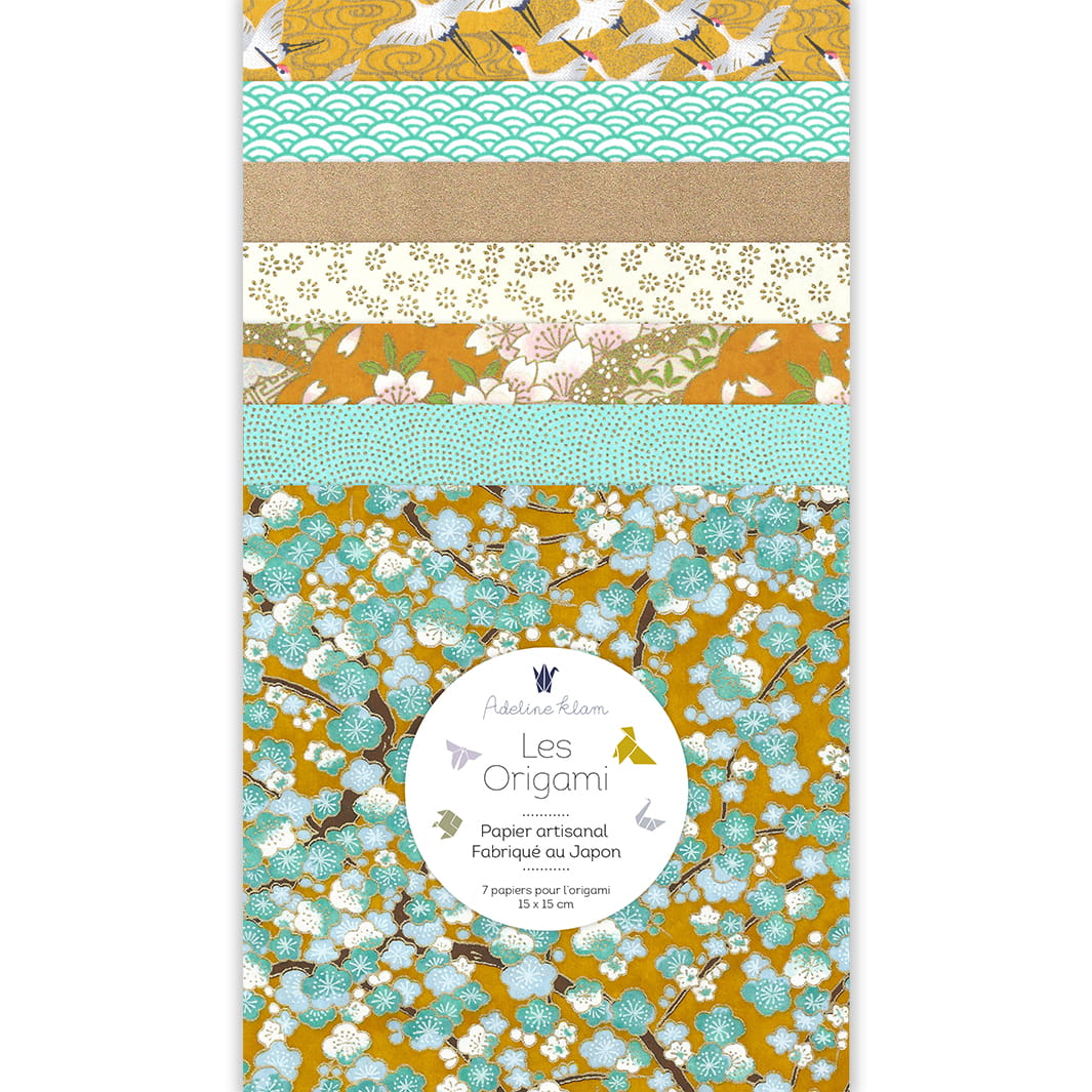 image packshot du set de 7 carrés de papiers japonais adeline klam de 15cm par 15cm dans les tons jaune moutarde, jaune caramel, vert d'eau, vert menthe et dorés « pollen » (U9) adeline klam