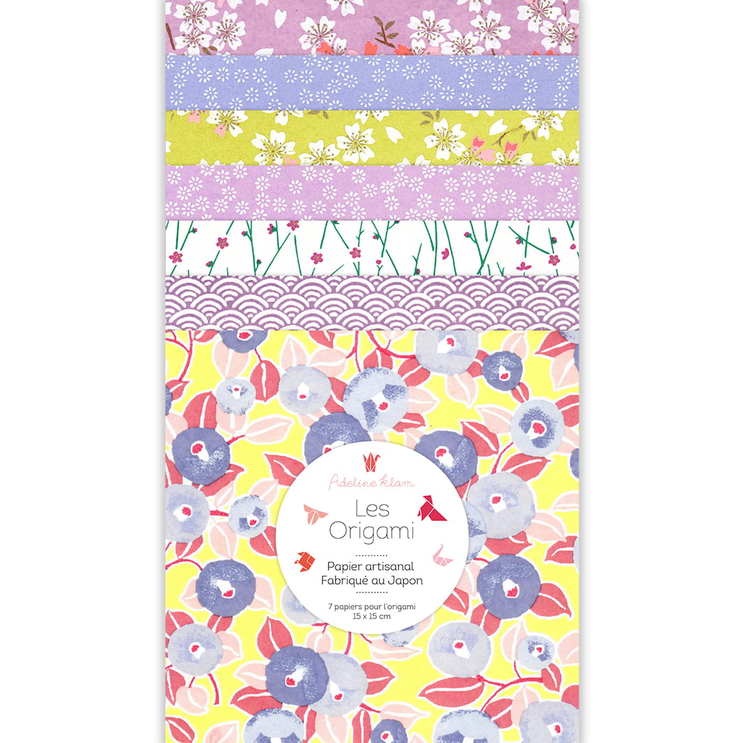 image packshot du set de 7 carrés de papiers japonais adeline klam de 15cm par 15cm dans les tons jaunes, violet mauve, violet lavande et vert acidulé « Iris » (L8) adeline klam