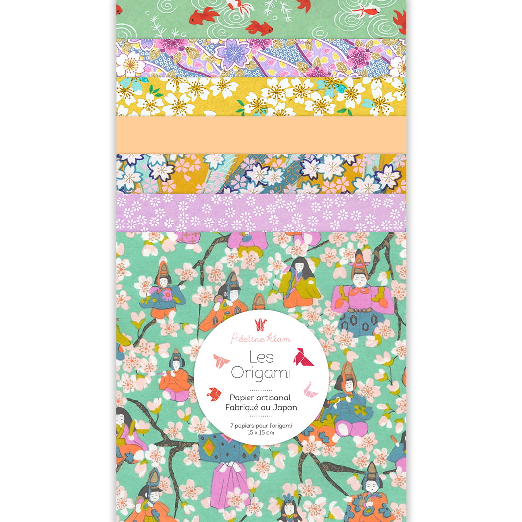 image packshot du set de 7 carrés de papiers japonais adeline klam de 15cm par 15cm dans les tons vert d'eau, vert menthe, jaune moutarde, violet mauve et orange pastel « confiserie » (K12) adeline klam