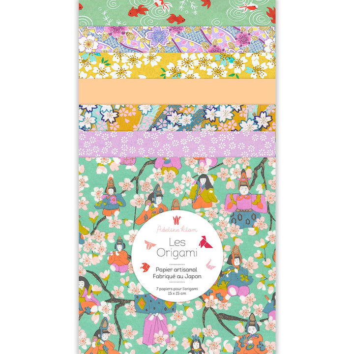 image packshot du set de 7 carrés de papiers japonais adeline klam de 15cm par 15cm dans les tons vert d'eau, vert menthe, jaune moutarde, violet mauve et orange pastel « confiserie » (K12) adeline klam