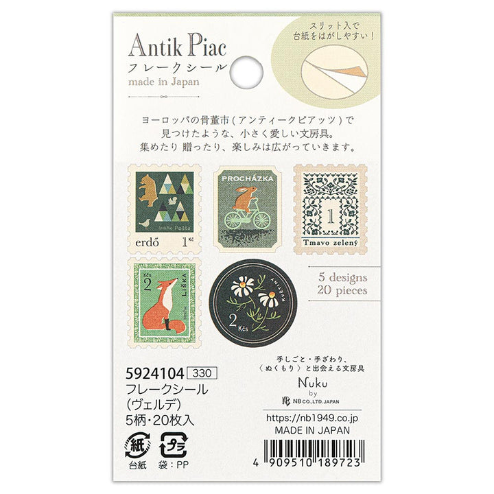 photo packshot verso du packaging du lot de 20 stickers en forme de timbres vintages verts de nb bo., ltd. japan
