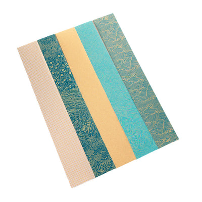 lot de 5 bandes de papiers japonais dans les tons bleu canard, blanc cassé et dorés de la gamme « orient » adeline klam