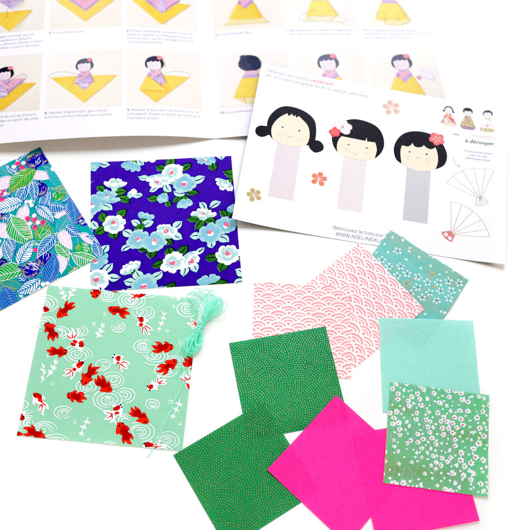 photo packshot du matériel du kit 3 petites kokeshi bleu nuit, vert et rose fluo « fantastique » adeline klam