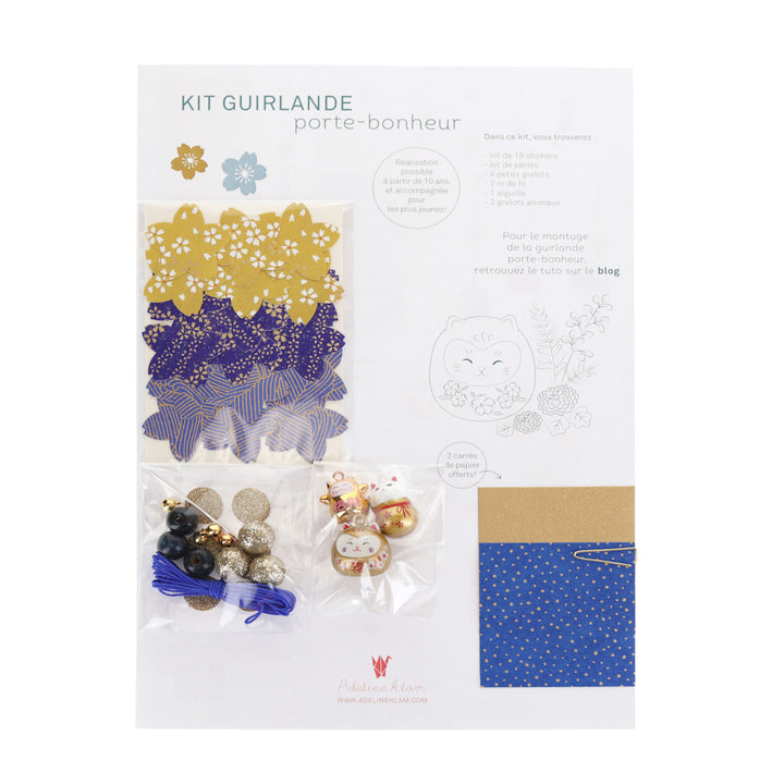 packshot du kit guirlande porte-bonheur jaune moutarde, bleu nuit et or « hokusai » X1 adeline klam