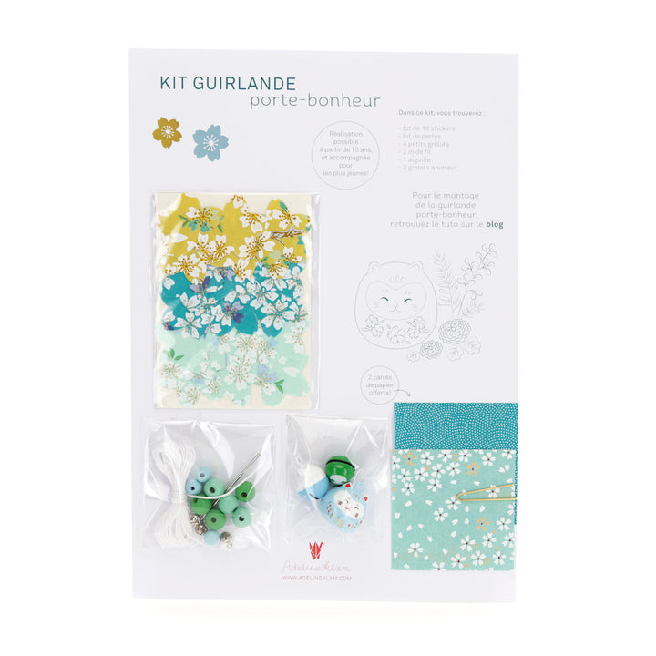 packshot du kit guirlande porte-bonheur vert moutarde, bleu turquoise et vert d'eau « bord de mer » U1 adeline klam