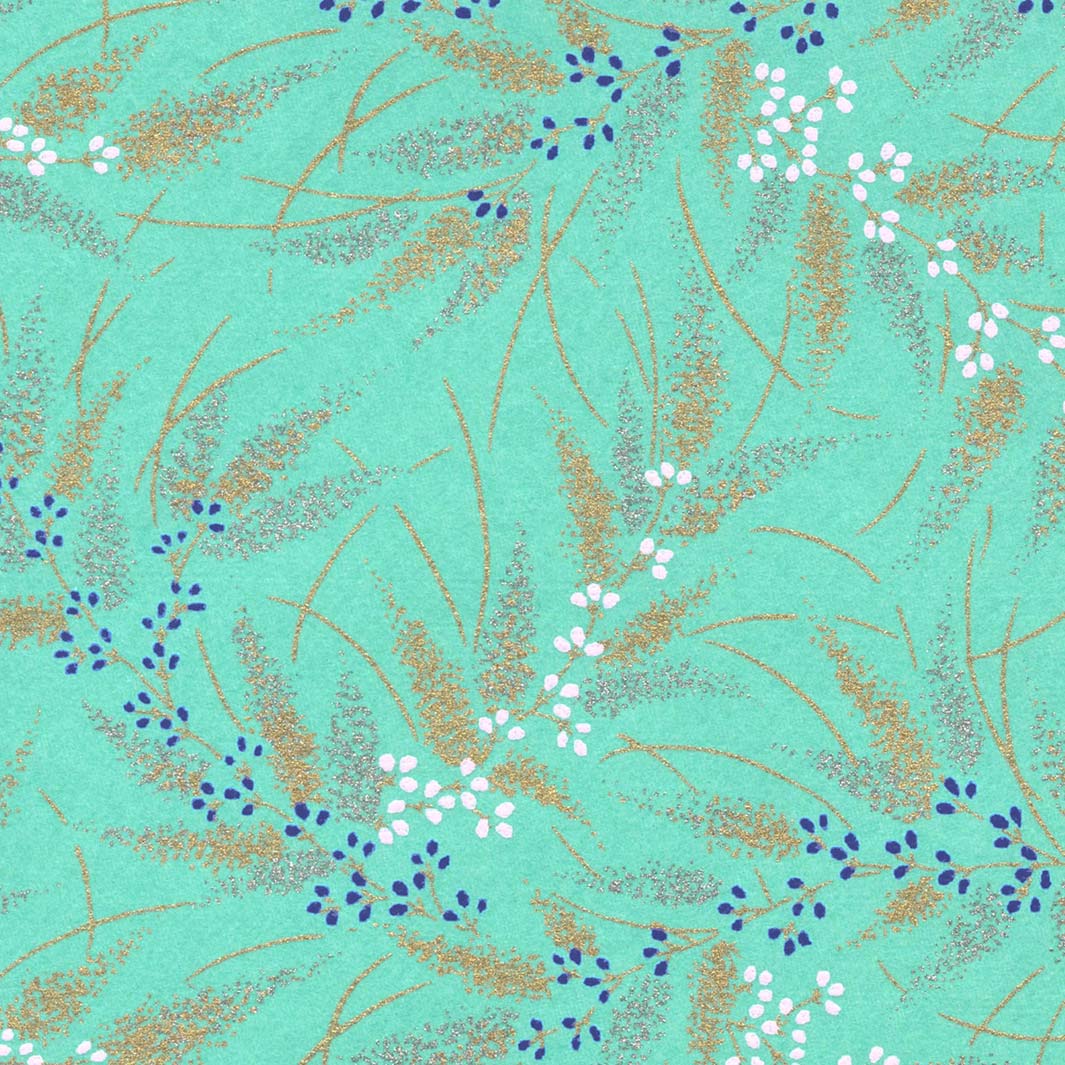 papier japonais yuzen aux motifs de conifères et de baies vert menthe, dorés, argentés, bleu foncé et rose pâle adeline klam de 10cm par 10cm (M975)