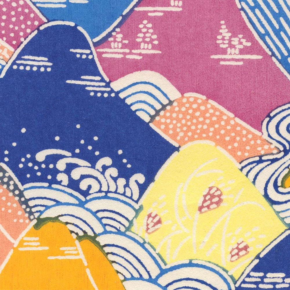 papier japonais katazome aux motifs de montages et de rivières bleus, orange, jaunes et mauve (M966) adeline klam de 10cm par 10cm