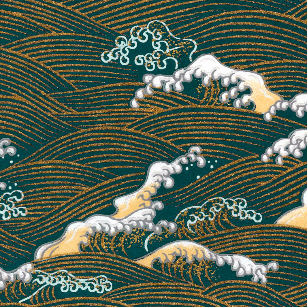 papier japonais yuzen chiyogami aux motifs de vagues et d'écumes dans les tons bleu canard, beiges et dorés adeline klam de 10cm par 10cm (M941)