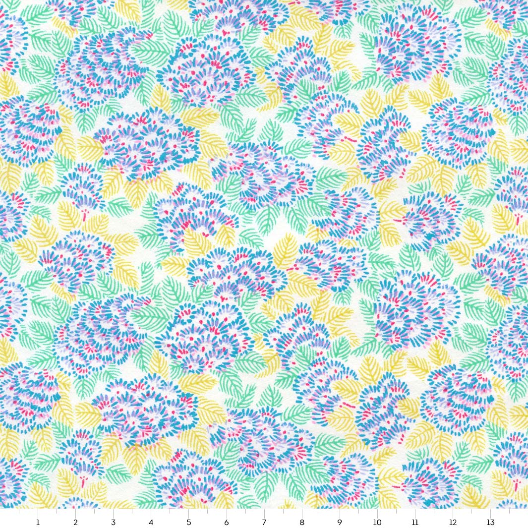 papier japonais yuzen chiyogami aux motifs de chrysanthemes ajania bleues, roses, vertes et jaunes adeline klam de 14cm par 14cm (M994)